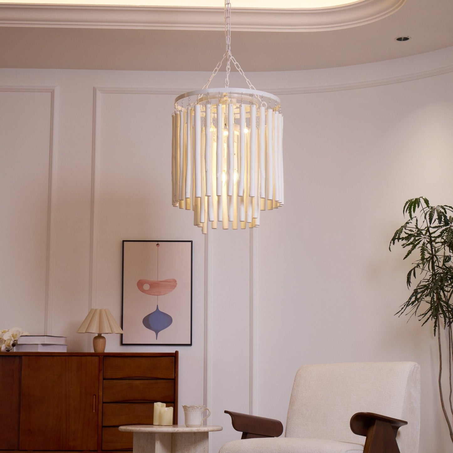 Layered Wood Rod Multi-Light Chandelier
