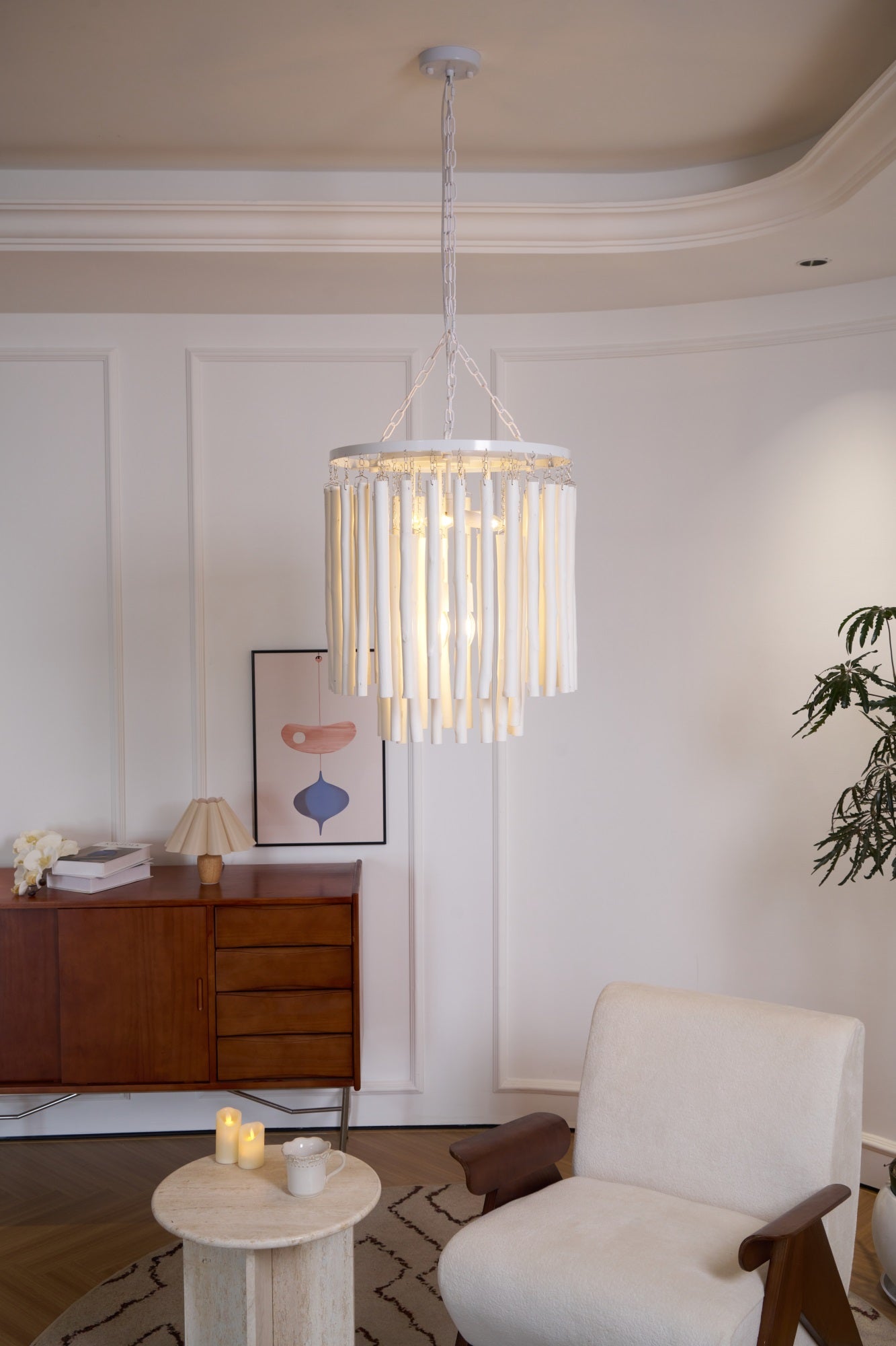 Layered Wood Rod Multi-Light Chandelier