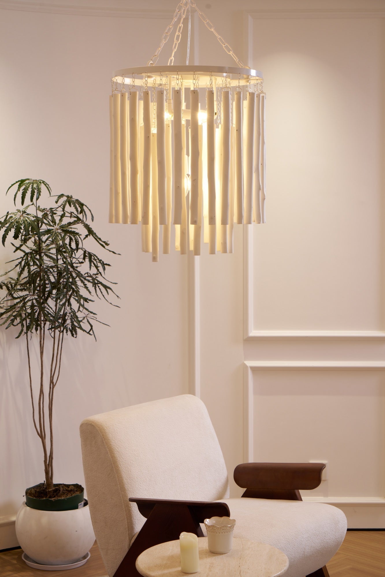 Layered Wood Rod Multi-Light Chandelier / 6 Heads ∅ 20.9″ x H 29.9″ / Black