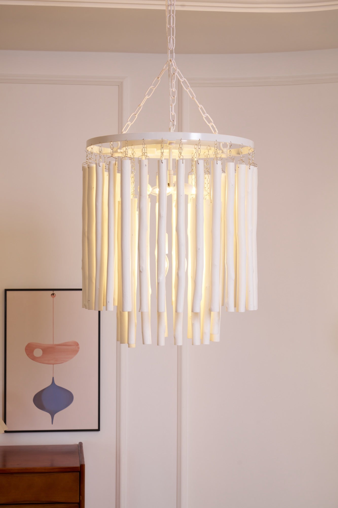 Layered Wood Rod Multi-Light Chandelier / 6 Heads ∅ 23.6″ x H 31.5″ / White