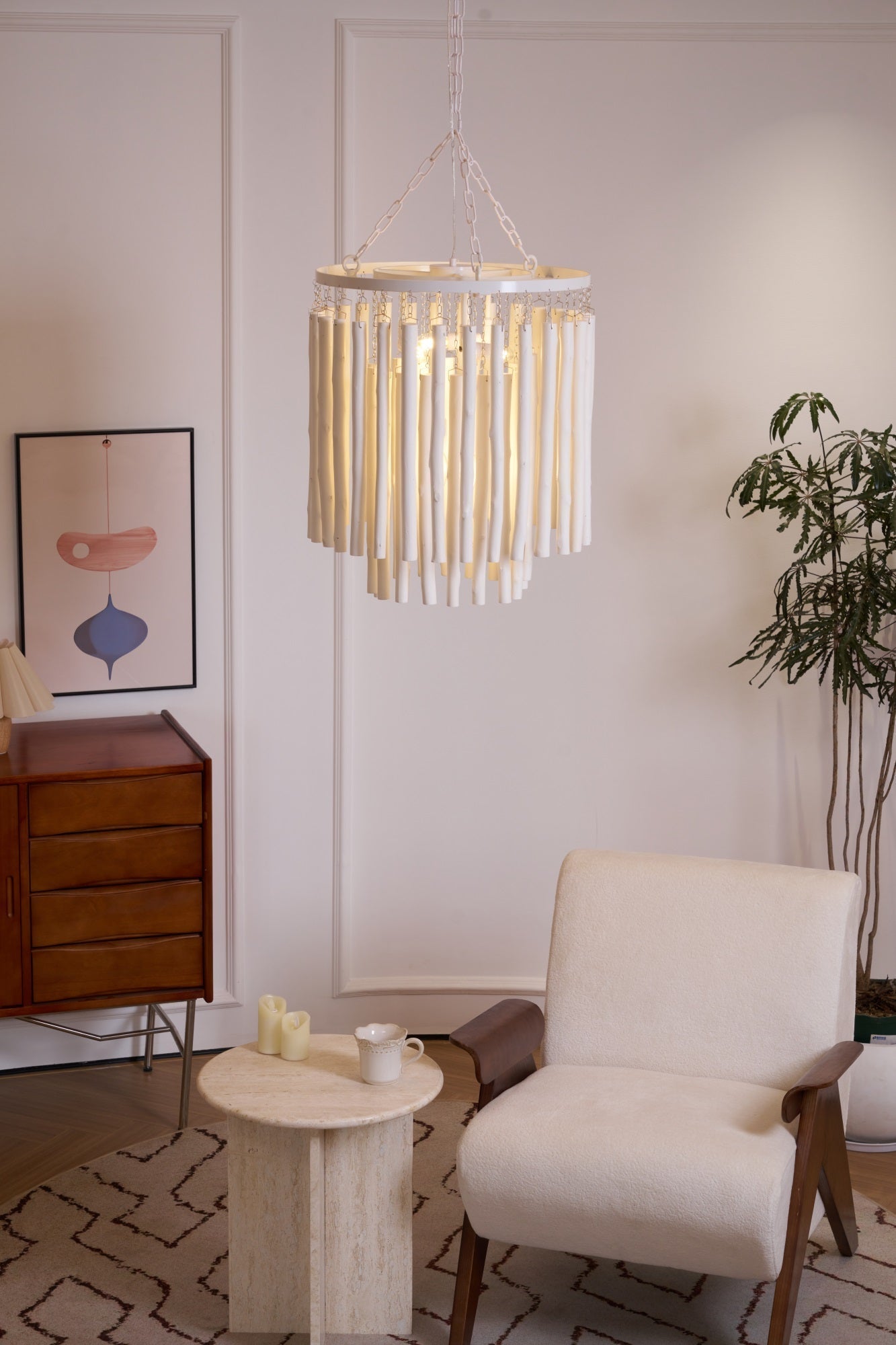 Layered Wood Rod Multi-Light Chandelier / 12 Heads ∅ 31.5″ x H 39.4″ / White