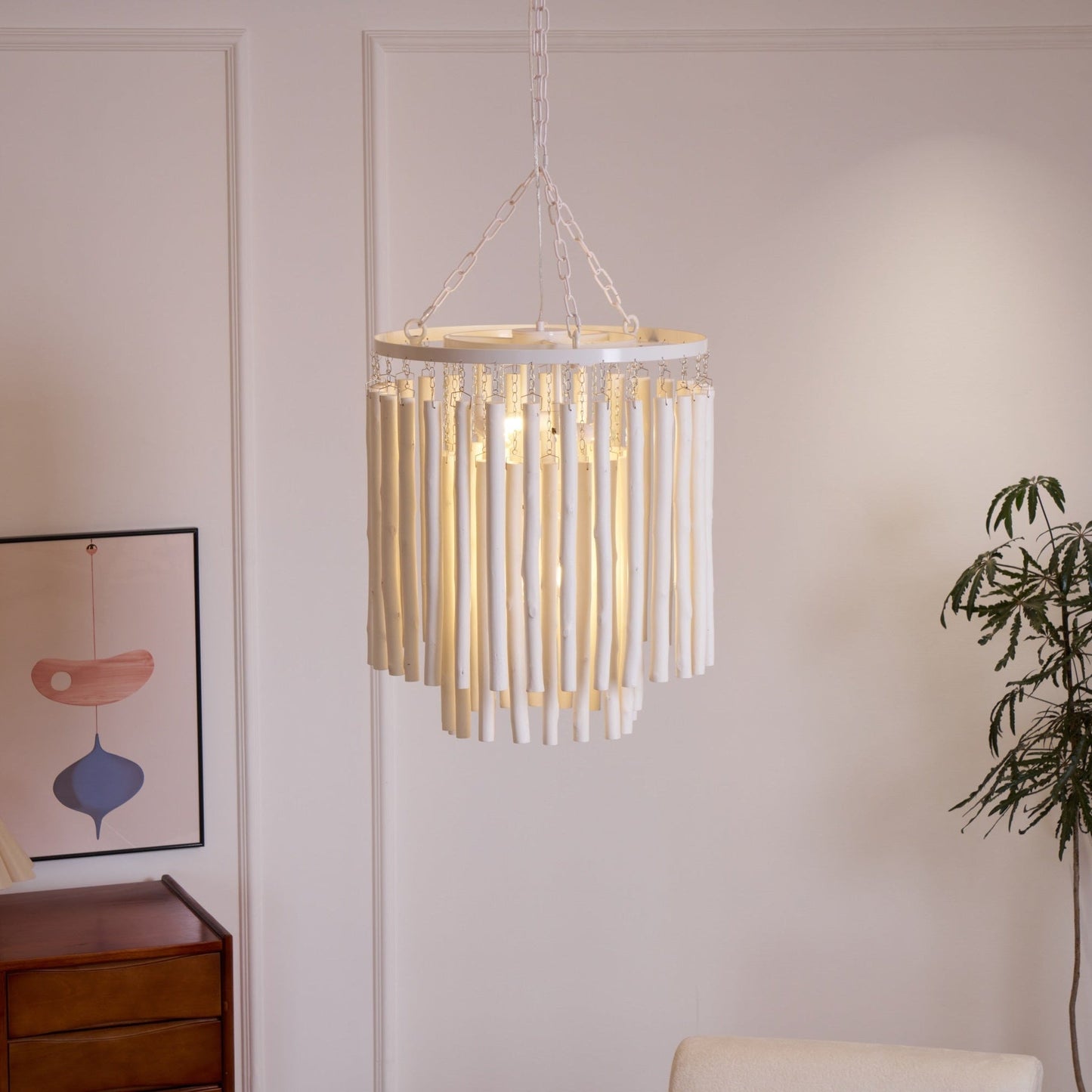 Layered Wood Rod Multi-Light Chandelier / 18 Heads ∅ 47.2″ x H 47.2″ / White