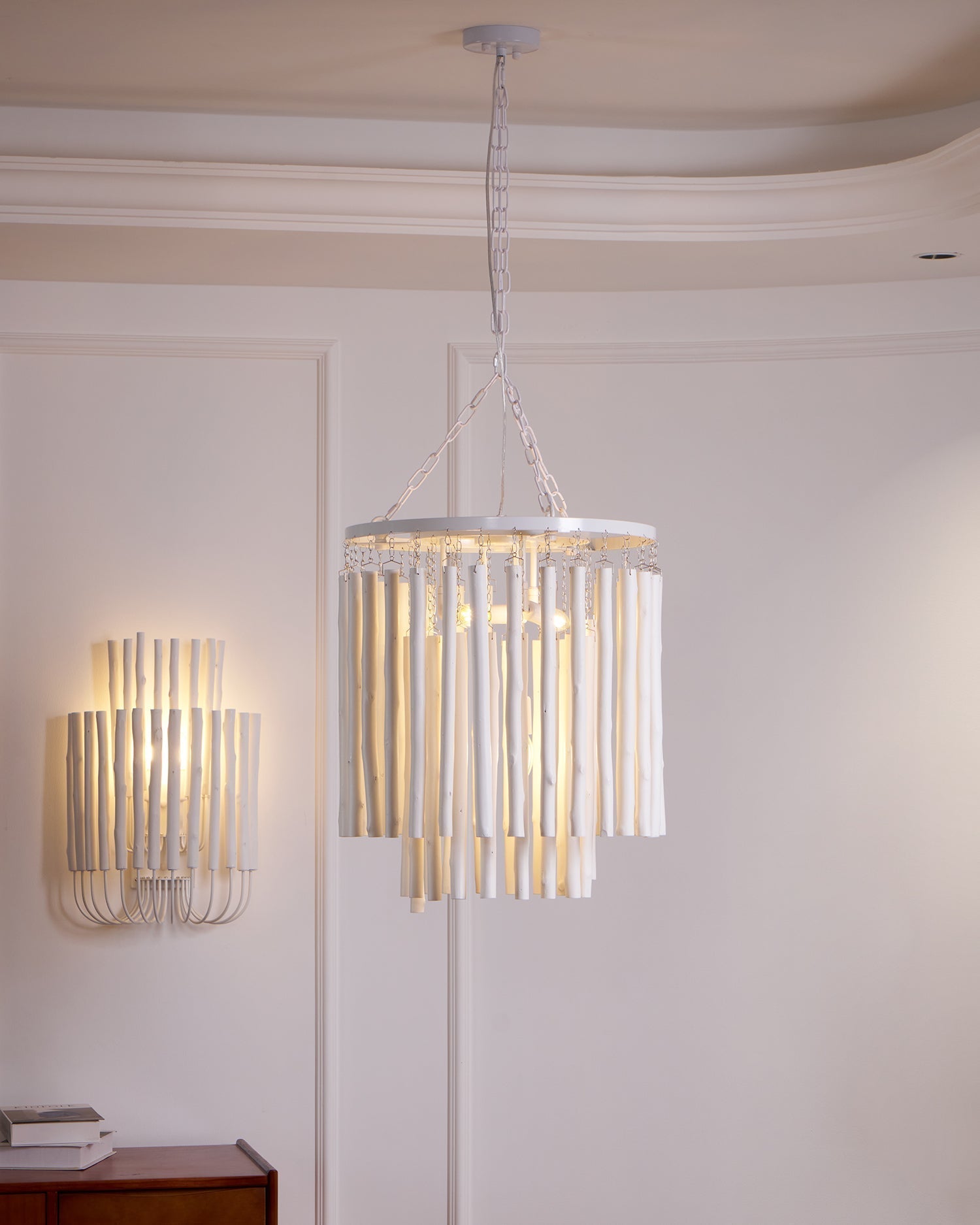Layered Wood Rod Multi-Light Chandelier