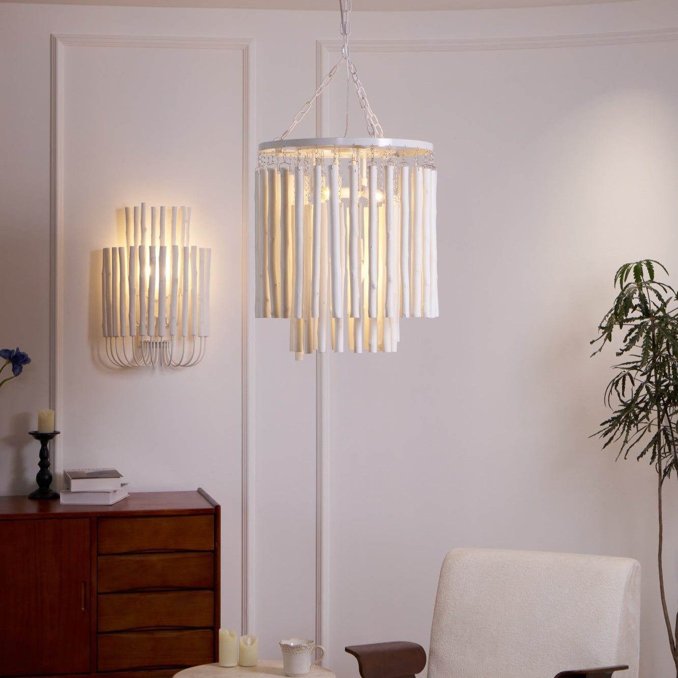 Layered Wood Rod Multi-Light Chandelier