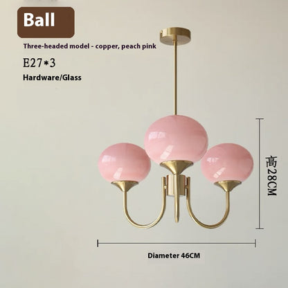 Three-Light Glass Globe Chandelier / Neutral Light / 3heads Copper Pink Lampshade