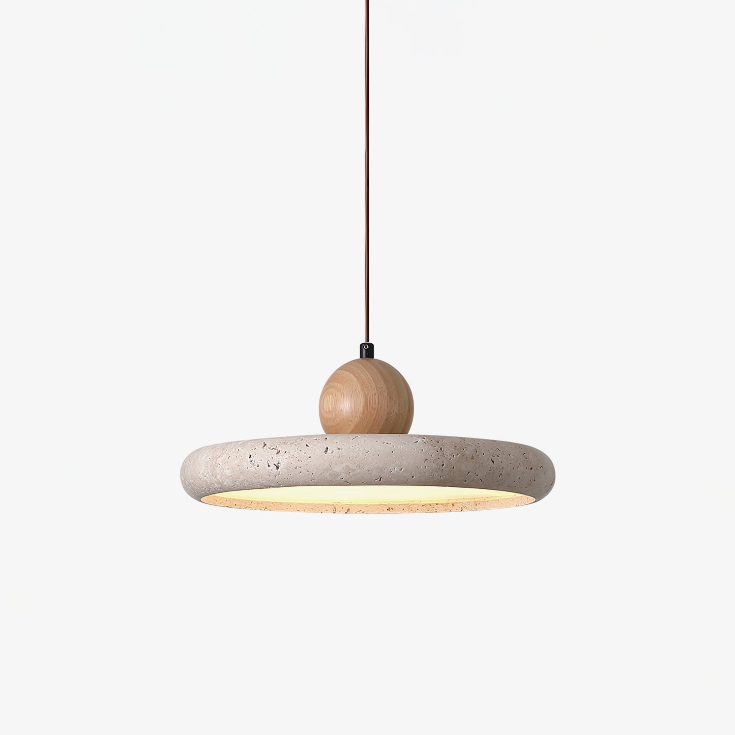 Travertine Wood Integrated LED Pendant Light / ∅ 11.8″ x H 3.7″ / Yellow Travertine & Wood Color / Warm Light
