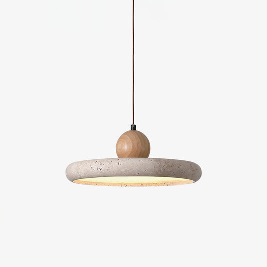 Travertine Wood Integrated LED Pendant Light / ∅ 11.8″ x H 3.7″ / Yellow Travertine & Wood Color / Warm Light