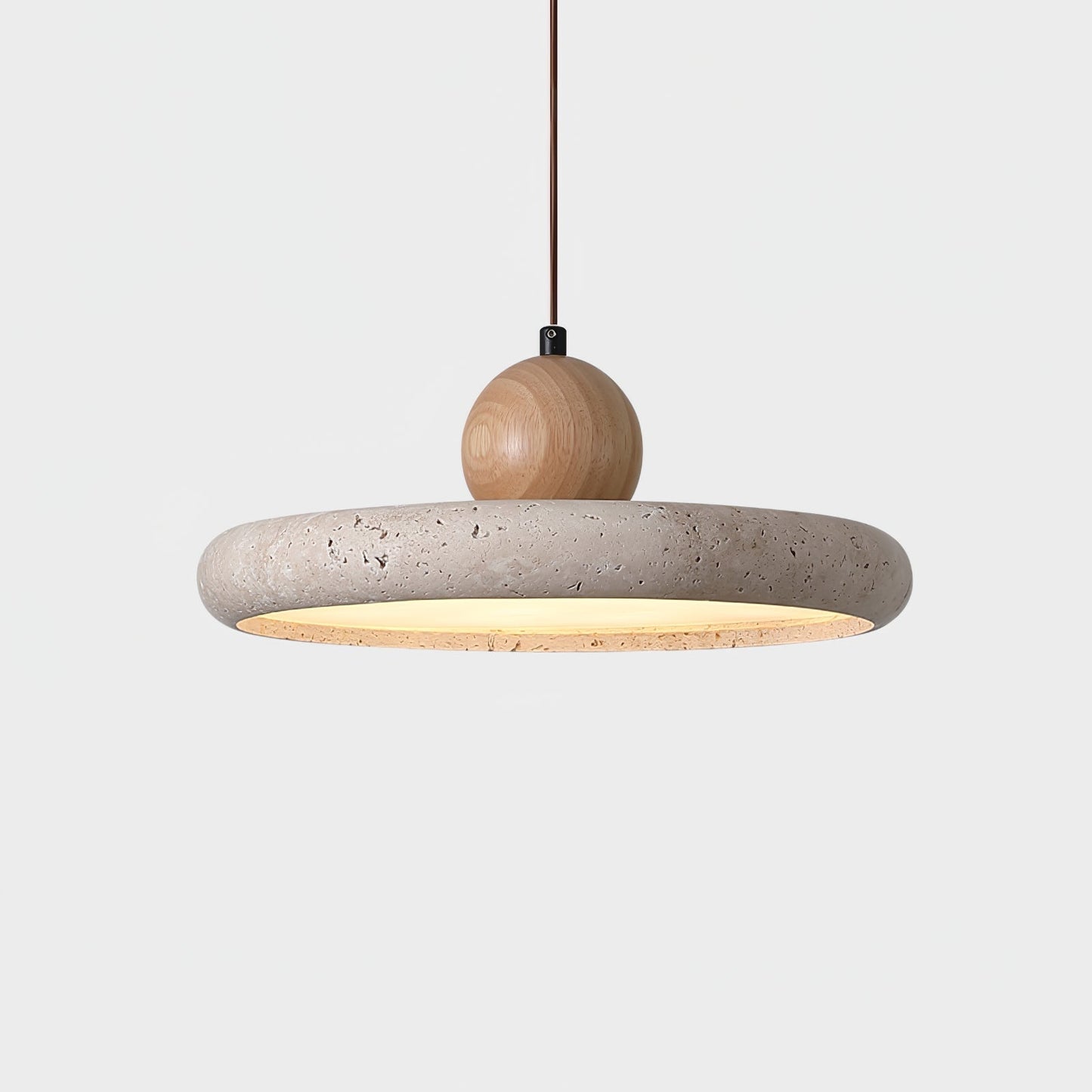 Travertine Wood Integrated LED Pendant Light / ∅ 11.8″ x H 3.7″ / Yellow Travertine & Wood Color / Triac Dimmable Warm Light