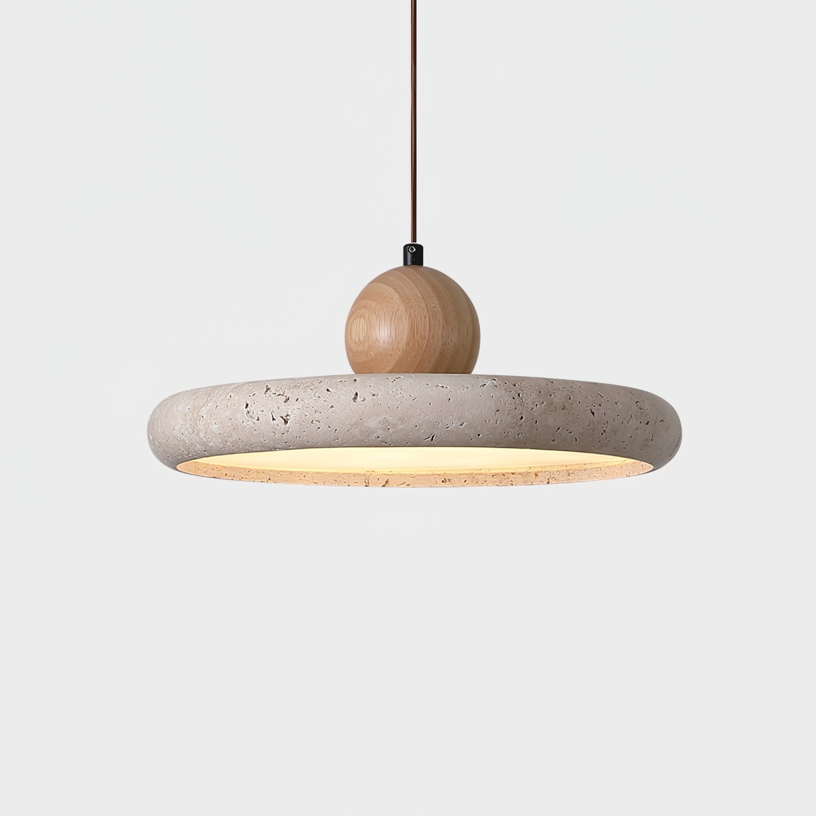 Travertine Wood Integrated LED Pendant Light / ∅ 11.8″ x H 3.7″ / Yellow Travertine & Wood Color / Triac Dimmable Warm Light