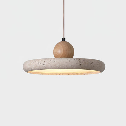 Travertine Wood Integrated LED Pendant Light / ∅ 11.8″ x H 3.7″ / Yellow Travertine & Wood Color / Triac Dimmable Warm Light