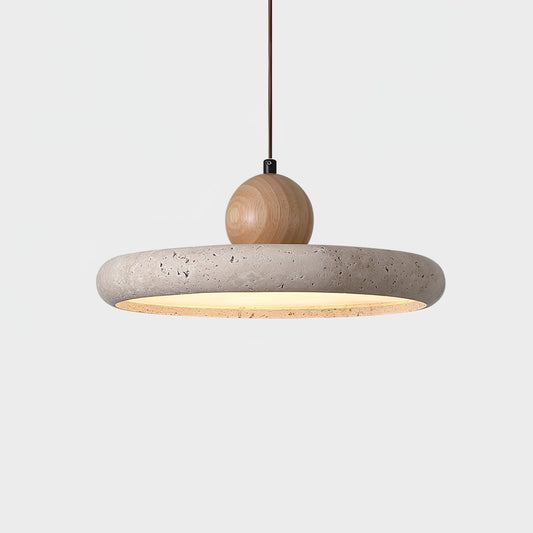 Travertine Wood Integrated LED Pendant Light / ∅ 11.8″ x H 3.7″ / Yellow Travertine & Wood Color / Triac Dimmable Warm Light