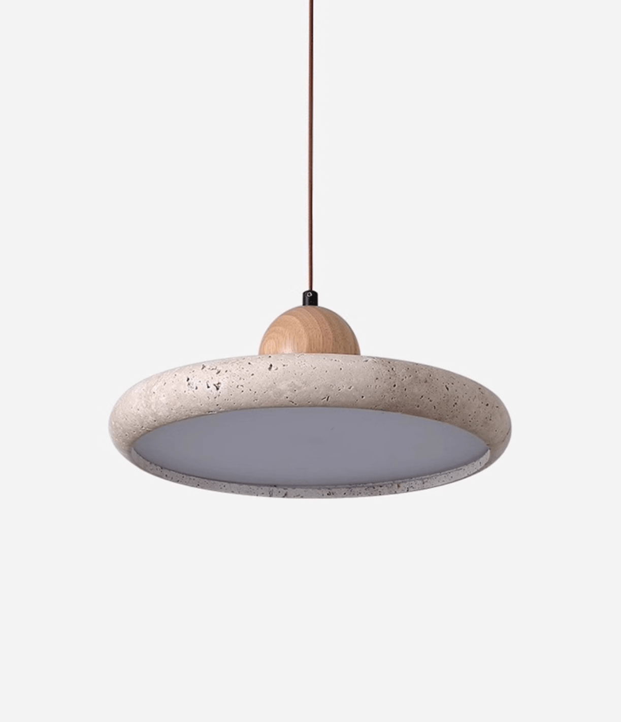 Travertine Wood Integrated LED Pendant Light / ∅ 15.7″ x H 3.7″ / Yellow Travertine & Wood Color / Triac Dimmable Warm Light