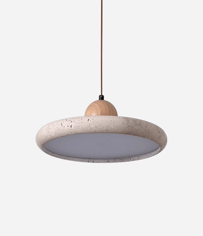 Travertine Wood Integrated LED Pendant Light / ∅ 15.7″ x H 3.7″ / Yellow Travertine & Wood Color / Triac Dimmable Warm Light
